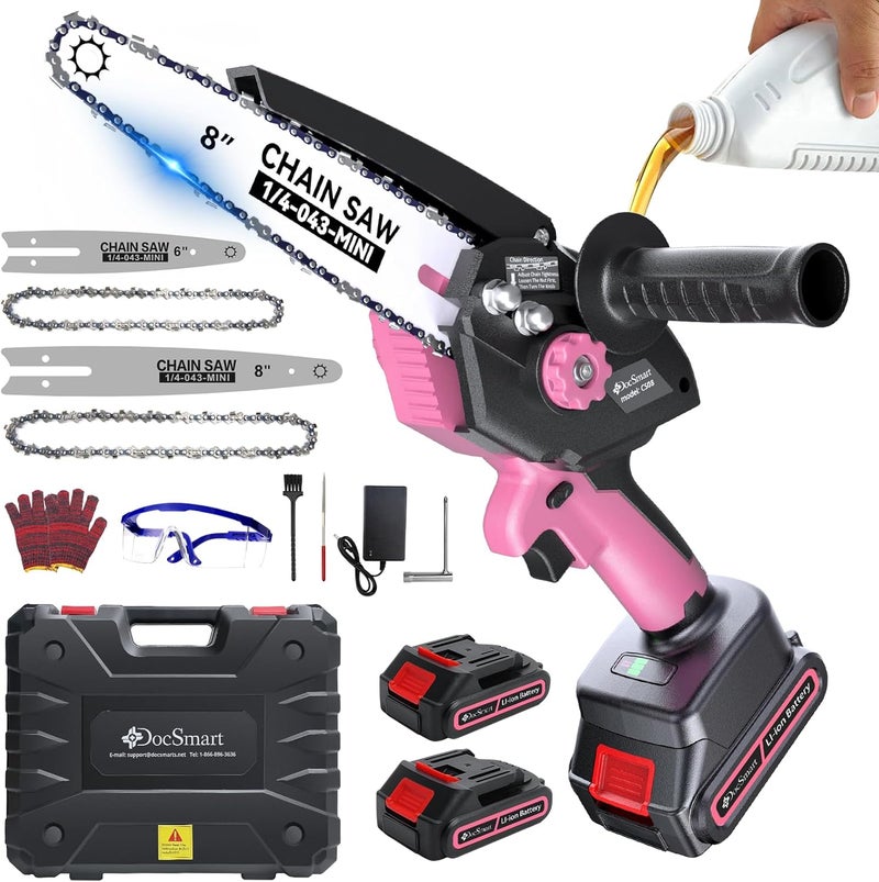 DocSmart Mini Chainsaw Cordless, 8 inch & 6 inch Electric Chain Saw with 2 Pack Rechargeable Batteries, Battery Powered Handheld Saw Men Gifts for Trees Branches Trimming Wood Cutting, Pink - Image 1